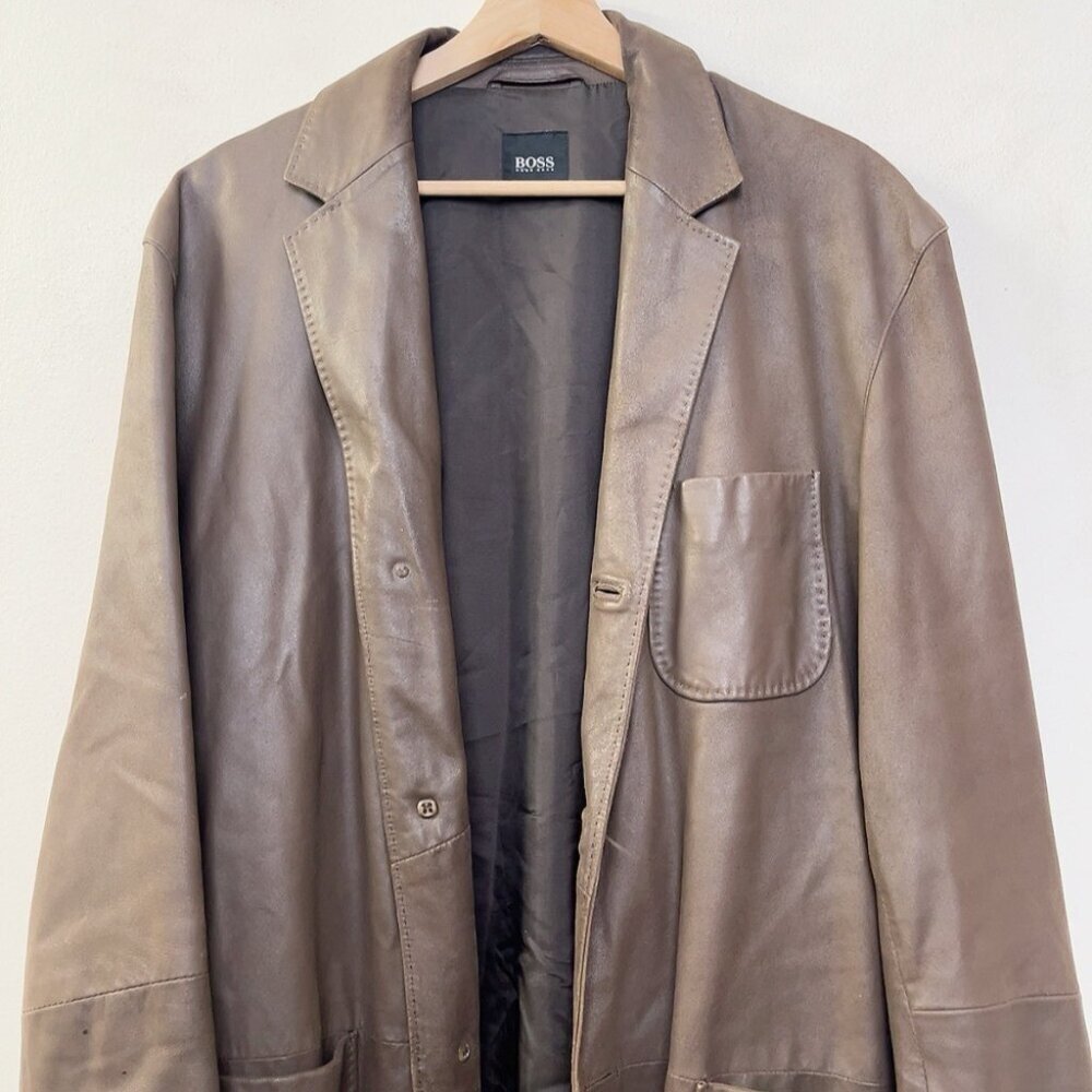 Hugo Boss Mens 50 Laslo Goatskin Patch Pockets Brown Blazer Leather Jacket - Picture 3 of 16